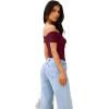 imageREORIA Women Sexy Off the Shoulder Short Sleeve Backless Basic Double Lined Thong Bodysuit TopsCordovan