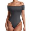 imageREORIA Women Sexy Off the Shoulder Short Sleeve Backless Basic Double Lined Thong Bodysuit TopsDark Shadow