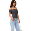 imageREORIA Women Sexy Off the Shoulder Short Sleeve Backless Basic Double Lined Thong Bodysuit TopsDark Shadow