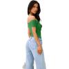 imageREORIA Women Sexy Off the Shoulder Short Sleeve Backless Basic Double Lined Thong Bodysuit TopsKelly Green