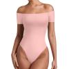 imageREORIA Women Sexy Off the Shoulder Short Sleeve Backless Basic Double Lined Thong Bodysuit TopsPink Dolphin
