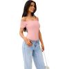 imageREORIA Women Sexy Off the Shoulder Short Sleeve Backless Basic Double Lined Thong Bodysuit TopsPink Dolphin