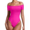 imageREORIA Women Sexy Off the Shoulder Short Sleeve Backless Basic Double Lined Thong Bodysuit TopsPink Glo