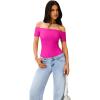 imageREORIA Women Sexy Off the Shoulder Short Sleeve Backless Basic Double Lined Thong Bodysuit TopsPink Glo