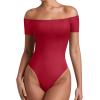 imageREORIA Women Sexy Off the Shoulder Short Sleeve Backless Basic Double Lined Thong Bodysuit TopsRibbon Red