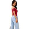 imageREORIA Women Sexy Off the Shoulder Short Sleeve Backless Basic Double Lined Thong Bodysuit TopsRibbon Red