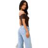 imageREORIA Women Sexy Off the Shoulder Short Sleeve Backless Basic Double Lined Thong Bodysuit TopsShaved Chocolate