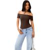 imageREORIA Women Sexy Off the Shoulder Short Sleeve Backless Basic Double Lined Thong Bodysuit TopsShaved Chocolate