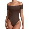 imageREORIA Women Sexy Off the Shoulder Short Sleeve Backless Basic Double Lined Thong Bodysuit TopsShaved Chocolate
