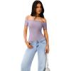imageREORIA Women Sexy Off the Shoulder Short Sleeve Backless Basic Double Lined Thong Bodysuit TopsWisteria