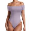 imageREORIA Women Sexy Off the Shoulder Short Sleeve Backless Basic Double Lined Thong Bodysuit TopsWisteria