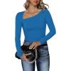 imageREORIA Womens Classy Asymmetrical Neck Long Sleeve Ribbed Slimming Thong Bodysuit TopsBlue