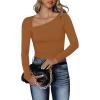 imageREORIA Womens Classy Asymmetrical Neck Long Sleeve Ribbed Slimming Thong Bodysuit TopsBrown