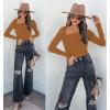 imageREORIA Womens Classy Asymmetrical Neck Long Sleeve Ribbed Slimming Thong Bodysuit TopsBrown