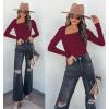 imageREORIA Womens Classy Asymmetrical Neck Long Sleeve Ribbed Slimming Thong Bodysuit TopsBurgundy
