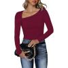 imageREORIA Womens Classy Asymmetrical Neck Long Sleeve Ribbed Slimming Thong Bodysuit TopsBurgundy