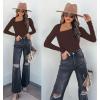 imageREORIA Womens Classy Asymmetrical Neck Long Sleeve Ribbed Slimming Thong Bodysuit TopsCoffee