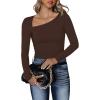 imageREORIA Womens Classy Asymmetrical Neck Long Sleeve Ribbed Slimming Thong Bodysuit TopsCoffee