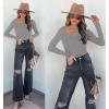 imageREORIA Womens Classy Asymmetrical Neck Long Sleeve Ribbed Slimming Thong Bodysuit TopsLight Grey
