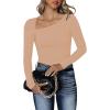 imageREORIA Womens Classy Asymmetrical Neck Long Sleeve Ribbed Slimming Thong Bodysuit TopsNude