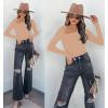 imageREORIA Womens Classy Asymmetrical Neck Long Sleeve Ribbed Slimming Thong Bodysuit TopsNude