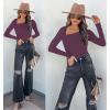 imageREORIA Womens Classy Asymmetrical Neck Long Sleeve Ribbed Slimming Thong Bodysuit TopsPurple