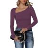 imageREORIA Womens Classy Asymmetrical Neck Long Sleeve Ribbed Slimming Thong Bodysuit TopsPurple