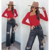 imageREORIA Womens Classy Asymmetrical Neck Long Sleeve Ribbed Slimming Thong Bodysuit TopsRed