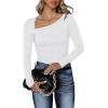 imageREORIA Womens Classy Asymmetrical Neck Long Sleeve Ribbed Slimming Thong Bodysuit TopsWhite