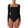 imageREORIA Womens Long Sleeve Square Neck Double Layer Sexy Bodysuit 2025 FallWinter Designer CollectionBlack