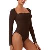 imageREORIA Womens Long Sleeve Square Neck Double Layer Sexy Bodysuit 2025 FallWinter Designer CollectionCocoa