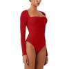imageREORIA Womens Long Sleeve Square Neck Double Layer Sexy Bodysuit 2025 FallWinter Designer CollectionRed
