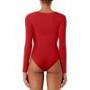 imageREORIA Womens Long Sleeve Square Neck Double Layer Sexy Bodysuit 2025 FallWinter Designer CollectionRed