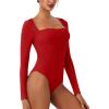 imageREORIA Womens Long Sleeve Square Neck Double Layer Sexy Bodysuit 2025 FallWinter Designer CollectionRed