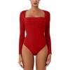 imageREORIA Womens Long Sleeve Square Neck Double Layer Sexy Bodysuit 2025 FallWinter Designer CollectionRed