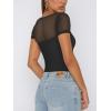 imageREORIA Womens Sexy Square Neck Short Sleeve Sheer Mesh Double Lined Slimming 2024 Trendy Going Out Bodysuits TopsBlack