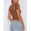 imageREORIA Womens Sexy Square Neck Short Sleeve Sheer Mesh Double Lined Slimming 2024 Trendy Going Out Bodysuits TopsBrown