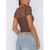imageREORIA Womens Sexy Square Neck Short Sleeve Sheer Mesh Double Lined Slimming 2024 Trendy Going Out Bodysuits TopsCoffee
