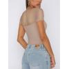 imageREORIA Womens Sexy Square Neck Short Sleeve Sheer Mesh Double Lined Slimming 2024 Trendy Going Out Bodysuits TopsKhaki