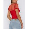 imageREORIA Womens Sexy Square Neck Short Sleeve Sheer Mesh Double Lined Slimming 2024 Trendy Going Out Bodysuits TopsRed