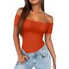 imageREORIA Women Sexy Off the Shoulder Short Sleeve Backless Basic Double Lined Thong Bodysuit TopsCherry Tomato