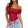 imageREORIA Women Sexy Off the Shoulder Short Sleeve Backless Basic Double Lined Thong Bodysuit TopsRibbon Red