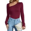 imageREORIA Womens Classy Asymmetrical Neck Long Sleeve Ribbed Slimming Thong Bodysuit TopsBurgundy