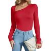 imageREORIA Womens Classy Asymmetrical Neck Long Sleeve Ribbed Slimming Thong Bodysuit TopsRed