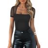 imageREORIA Womens Sexy Square Neck Short Sleeve Sheer Mesh Double Lined Slimming 2024 Trendy Going Out Bodysuits TopsBlack