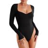 imageREORIA Womens Trendy Sexy Sweetheart Neck Double Lined Layering Long Sleeve Body suit Going Out Bodysuits TopsBlack