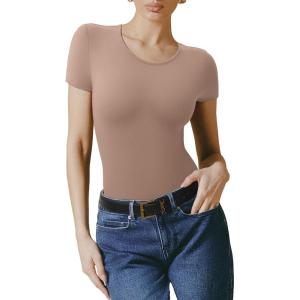 imageREORIA Double Lined Basic Bodysuits Short Sleeve Body Suits Trendy Summer Outfits Tops for Women 2025Almondine