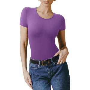 imageREORIA Double Lined Basic Bodysuits Short Sleeve Body Suits Trendy Summer Outfits Tops for Women 2025Amethyst Orchid