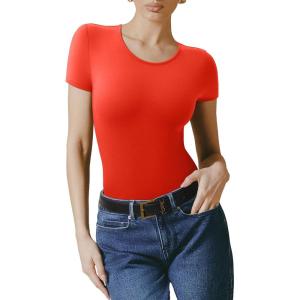 imageREORIA Double Lined Basic Bodysuits Short Sleeve Body Suits Trendy Summer Outfits Tops for Women 2025Cherry Tomato