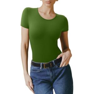 imageREORIA Double Lined Basic Bodysuits Short Sleeve Body Suits Trendy Summer Outfits Tops for Women 2025Garden Green